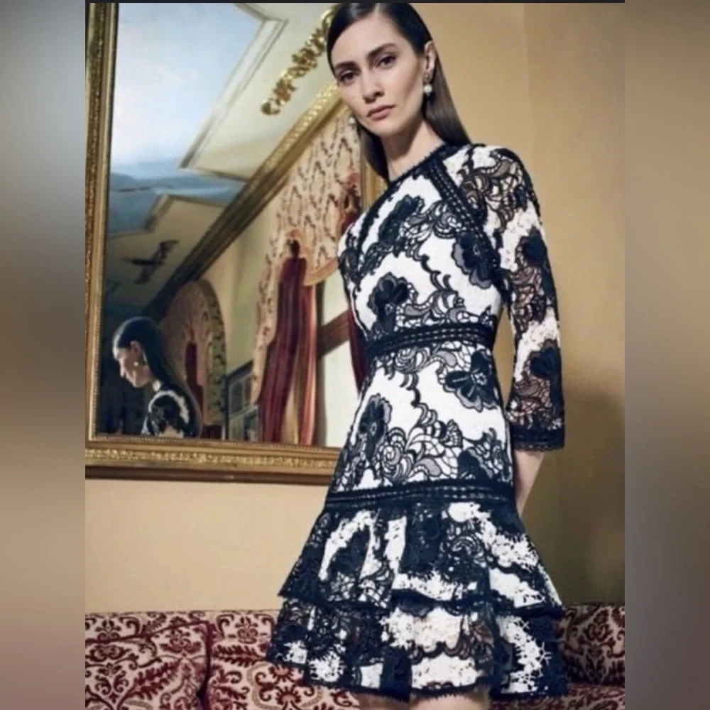 Alexis Elegant Black & White Lace Dress L - Picture 8 of 8